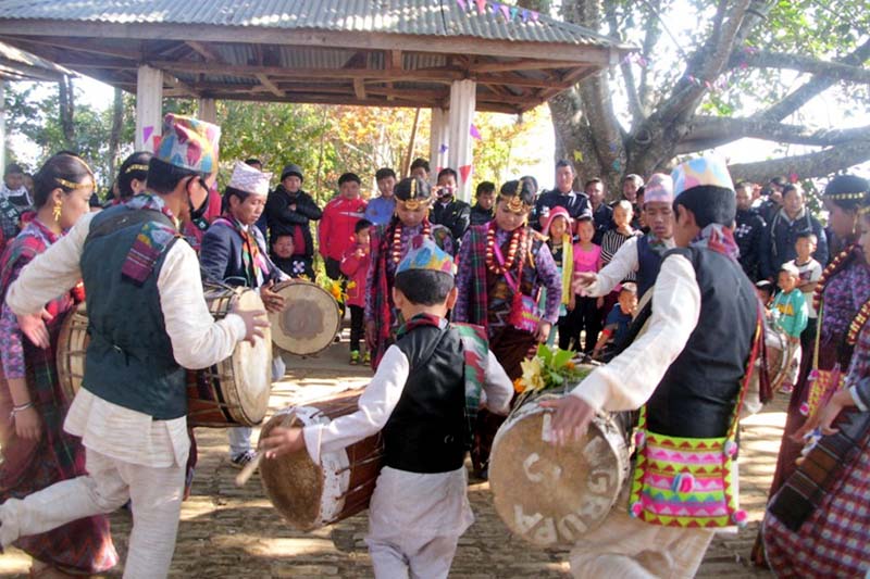 People of Limbu community perform Chyabrung dance to celebrate Udhauli (Chasok Tangnam) festival in Phidim, on Tuesday, December 13, 2016. Photo: Laxmi Gautam/THT