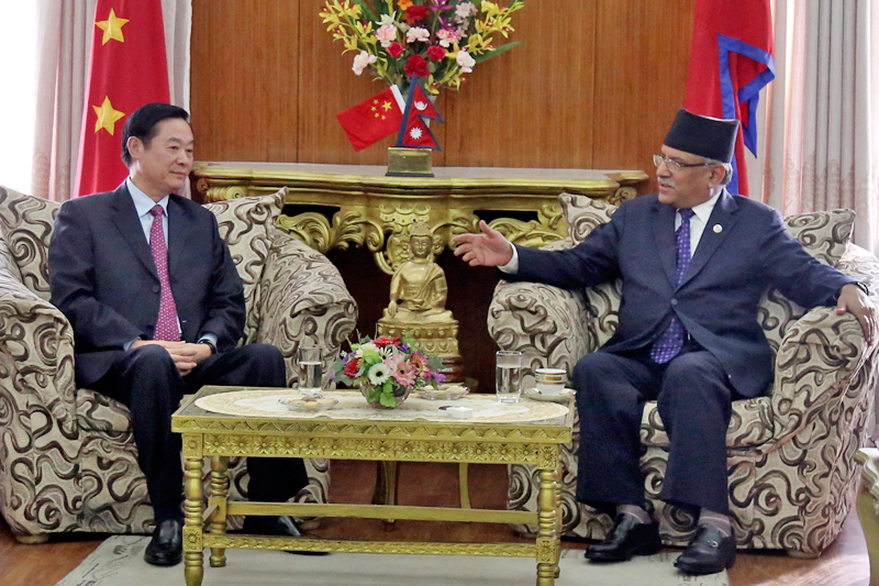 Visiting Chinese leader and a politburo member of the Communist Party of China, Liu Qibao, meets Nepal's PM Pushpa Kamal Dahal at latter's official residence at Baluwatar, in Kathmandu, on Monday, December 19, 2016. Photo: RSS