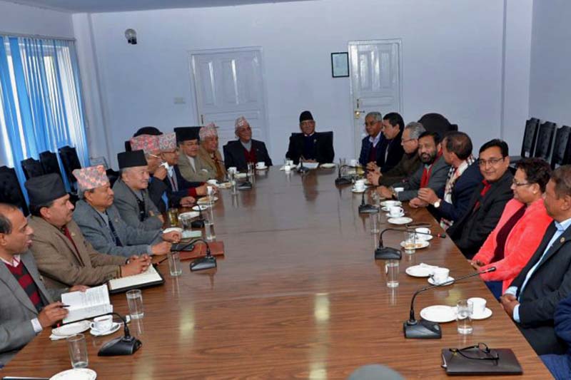 Leaders of the major three political parties--CPN Maoist Centre, Nepali Congress and CPN-UML-- in a meeting at the Prime Minister's Office in Singha Durbar, Kathmandu, on Wednesday, December 28, 2016. Photo Courtesy: PM's Secretariat