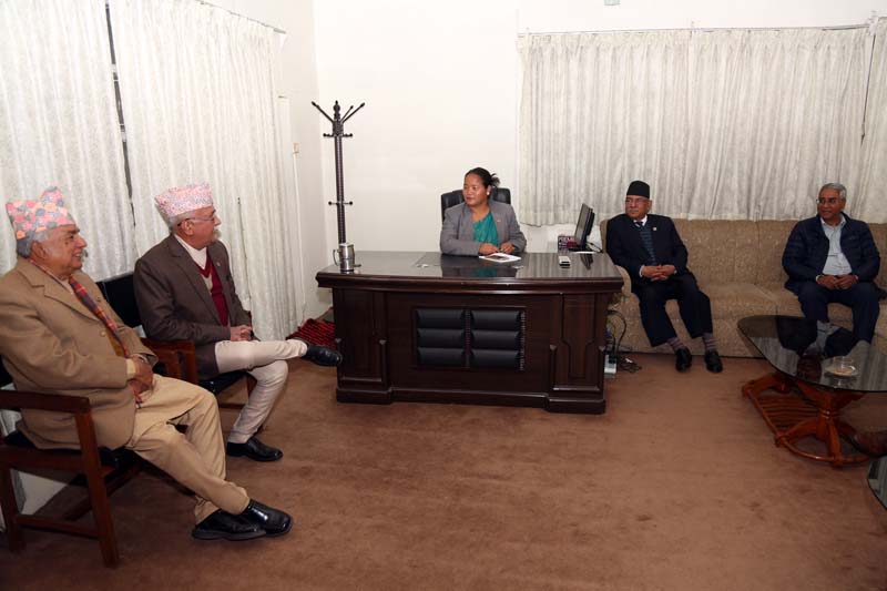 Speaker Onsari Gharti Magar chairs a meeting among major three parties held in a bid to end the ongoing House obstruction, in Kathmandu, on Monday, December 19, 2016. Photo: RSS 