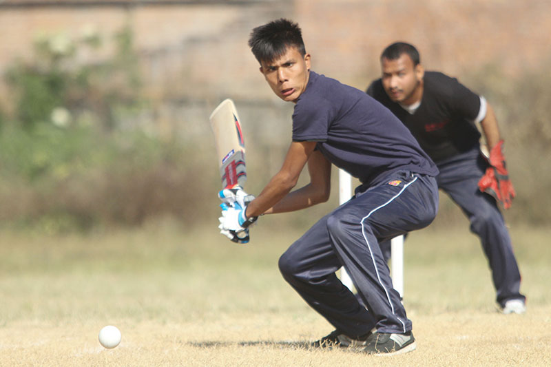 Sunil Rana of Manaslu plays a shot against Dhaulagiri during their menu2019s National Cricket Tournament for Blind at the Engineering College grounds in Lalitpur on Tuesday, December 6, 2016. Photo: Udipt Singh Chhetry/THT