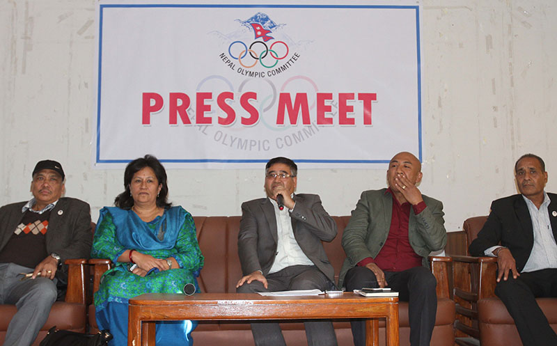 Nepal Olympic Committee President Jeevan Ram Shrestha speaks as Vice-president Jyoti Rana and General Secretary Lama Tendi Sherpa look on during a press meet in Lalitpur on Thursday, December 2, 2016. Photo: Udipt Singh Chhetry/THT