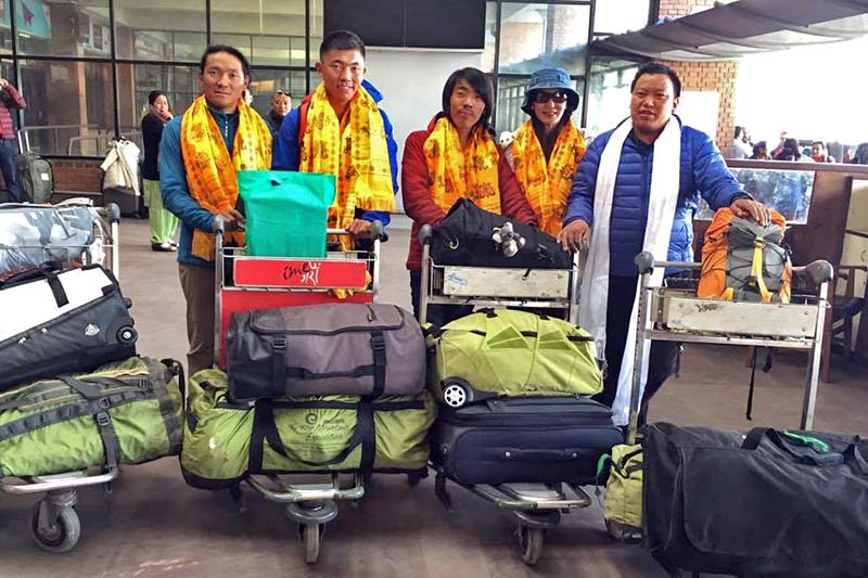 A three-member Nepali Sherpa team before leaving for China on a month-long tour in a bid to promote Nepali mountaineering at the Tribhuvan International Airport (TIA), on Wednesday, November 30, 2016. Photo: Mingma Gyalje Sherpa