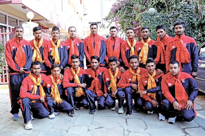 Nepal's U-19 cricket team members pose for a group photo at their farewell in Kathmandu on Monday, December 12, 2016. Photo: THT