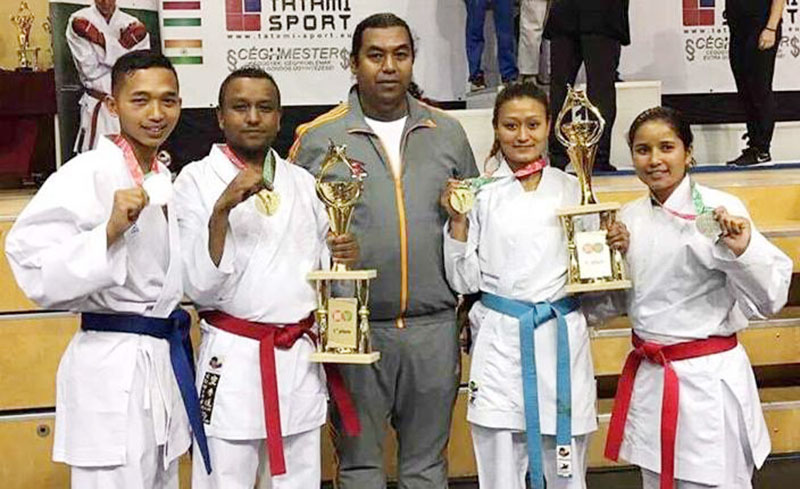 Medallists of the Open Shito-ryu Karate World Cup with team manager Ram Shrestha in Budapest on Sunday, December 12, 2016.