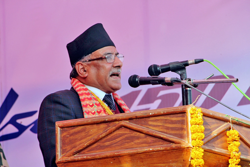 PM Pushpa Kamal Dahal speaking at a programme in Dhading district, on Thursday, December 22, 2016. Photo: Keshav Adhikari