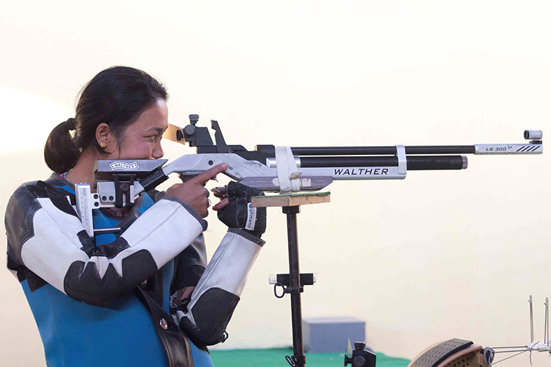 Phul Maya Kyapchyaki of Tribhuvan Army Club points to her target in women's 10 m rifle at shooting range in Baijanathpur of Morang district, on Sunday, December 25, 2016. Photo: Udipt Singh Chhetry