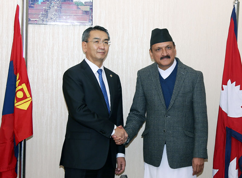 Minister for Foreign Affairs Prakash Sharan Mahat welcomes Mongolian counterpart Tsend Munkh-Orgil, who is on his 3 day Nepal visit, in Kathmandu on Monday, December 19, 2016. Photo: RSS