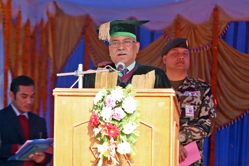 Prime Minister Pushpa Kamal Dahal speaks on the occassion of Tribhuvan University's 42nd Convocation Ceremony in Kathmandu, on Thursday, December 29, 2016. Photo: RSS