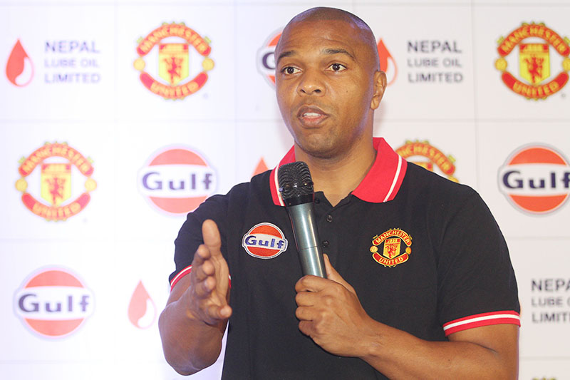Former Manchester United midfielder Quinton Fortune gestures during a programme in Kathmandu on Tuesday, December 13, 2016. Photo: Udipt Singh Chhetry/THT