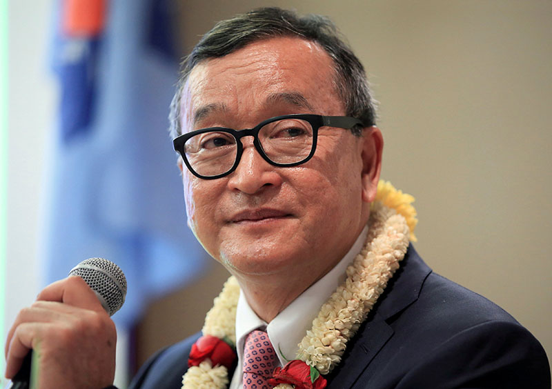 File - Cambodian opposition leader Sam Rainsy delivers a speech to members of the Cambodia National Rescue Party (CNRP) at a hotel in metro Manila, Philippines on June 29, 2016. Photo: Reuters