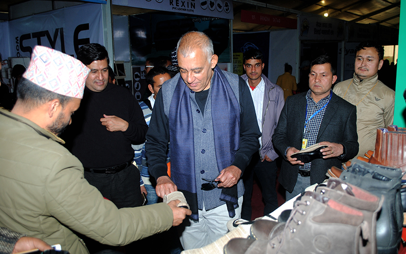 Nepali Congress General Secretary Shashanka Koirala observing the 13th National Industrial Expo being organised at the Bhrikuti Mandap of Kathmandu, on Friday, December 23, 2016. Photo: RSS