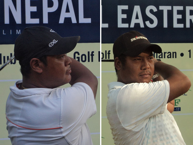 Shivaram Shrestha (left) and Sanjay Lama in action during the first round of the Surya Nepal Eastern Open Golf Tournament at the Nirvana Country Club in Dharan on December 19, 2016. Photo: NPGA