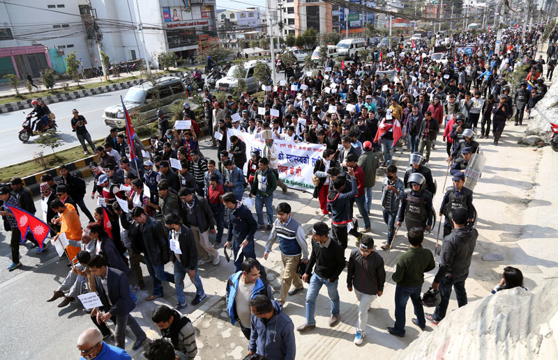 Supporters of Dr Govinda KC hold a rally in Kathmandu, to press the government to meet his demands, on Saturday, December 3, 2016. Photo: RSS