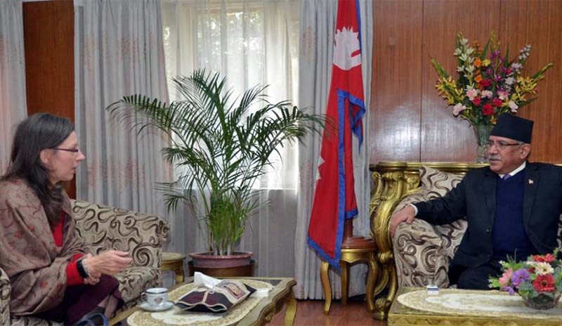 US Ambassador to Nepal Alaina B Teplitz in a meeting with Prime Minister Pushpa Kamal Dahal at the latteru2019s residence, in Baluwatar, on Monday, December 5, 2016. Photo: PMu2019s Secretariat