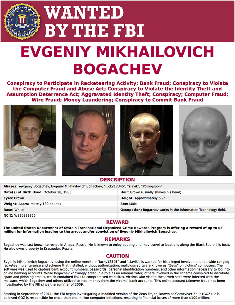 The wanted poster for Evgeniy Bogachev. In a sweeping response to election hacking, President Barack Obama sanctioned Russian intelligence services and their top officials, kicked out 35 Russian officials and shuttered two Russian-owned compounds in the US. It was the strongest action the Obama administration has taken to date to retaliate for a cyberattack.  Other individuals sanctioned include Bogachev and Alexey Belan, two Russian nationals who have been wanted by the FBI for cyber crimes for years. Photo: FBI via AP