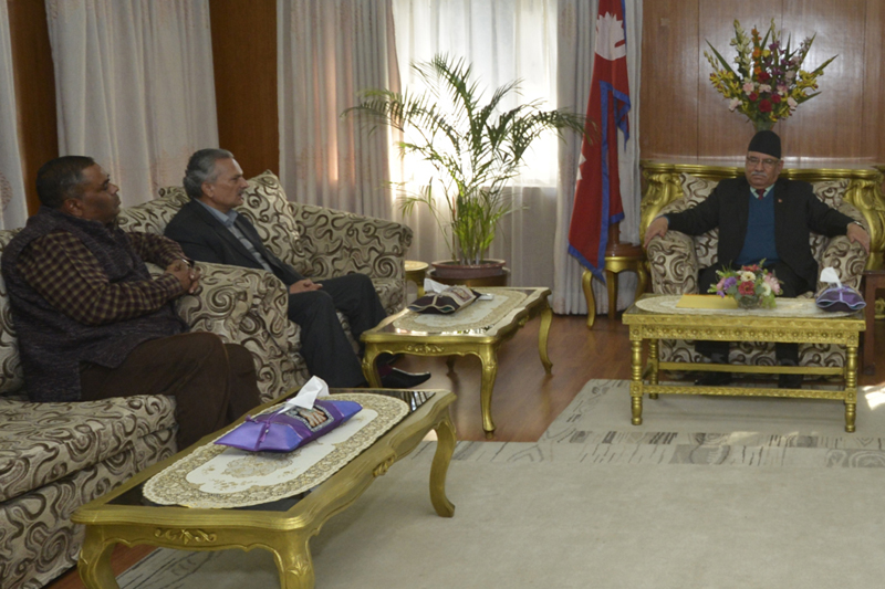 (From left) Federal Socialist Forum-Nepal Chairman Upendra Yadav and Naya Shakti Nepal Coordinator Baburam Bhattarai hold a meeting with Prime Minister Pushpa Kamal Dahal in Baluwatar, on Sunday, December 4, 2016. Photo: PM's Secretariat
