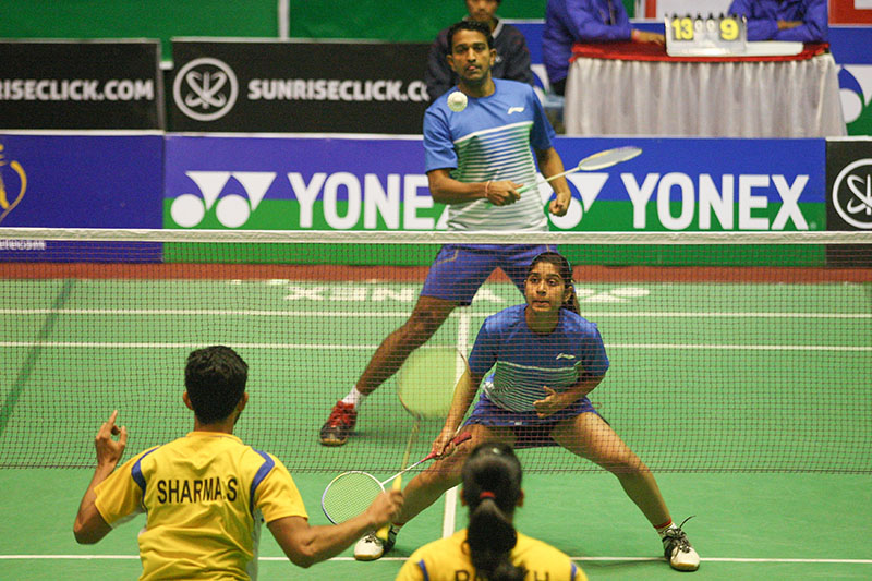 Players in action during their all-India mixed doubles final match of the Yonex Sunrise Nepal International Badminton Series in Kathmandu on Saturday.
