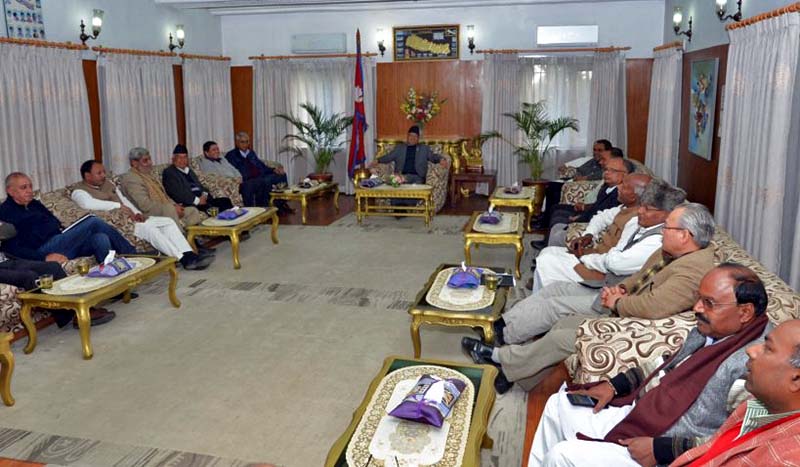 A meeting between the leaders of the CPN Maoist Centre, the Nepali Congress and the Federal Alliance at the Prime Minister Pushpa Kamal Dahal's residence in Baluwatar, on Tuesday, December 27, 2016. Photo Courtesy: PM's Secretariat