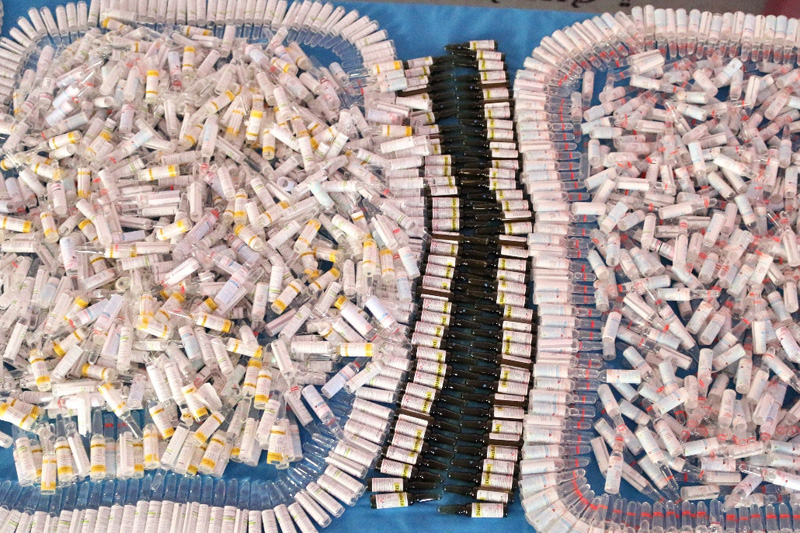 A cache of psychoactive drugs from drug smuggling suspects in Kathmandu, on Sunday, December 11, 2016. Photo: NCB