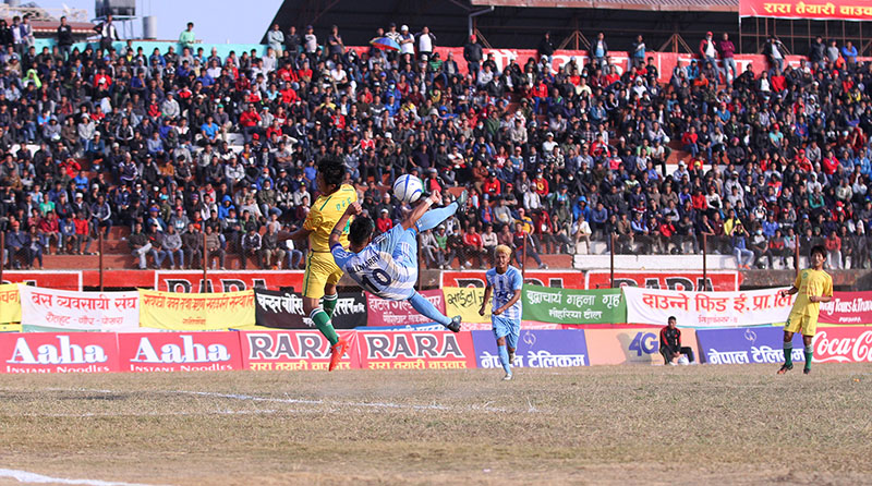 Manang Marshyangdi Club skipper Anil Gurung attempts a scissors kick against Dharan FC during their 15th Aaha-Rara Gold Cup match at the Pokhara Stadium on Sunday, January 22, 2017. Photo Courtesy: Yunish Gurung