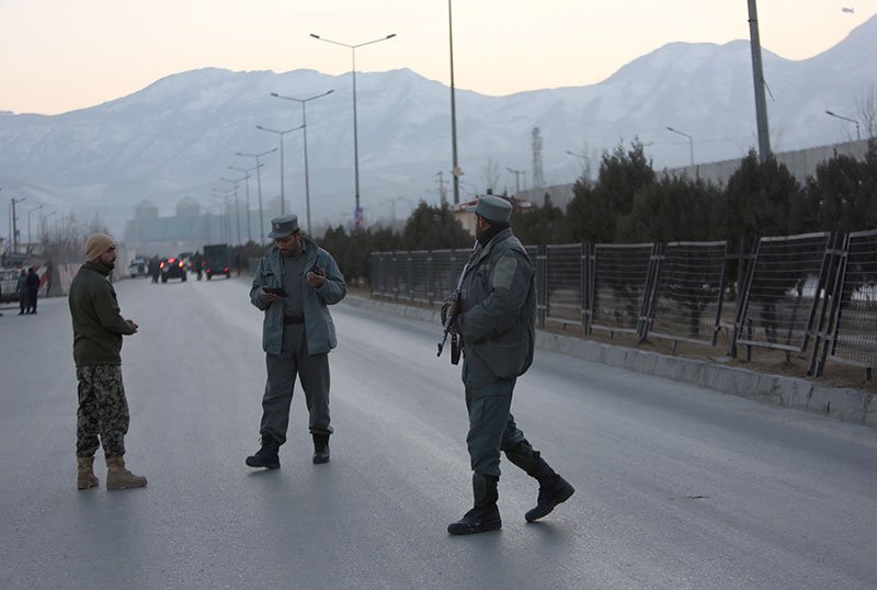 Afghan security forces stand guard near the site of two blasts in Kabul, Afghanistan, on Tuesday, January 10, 2017. Photo: AP