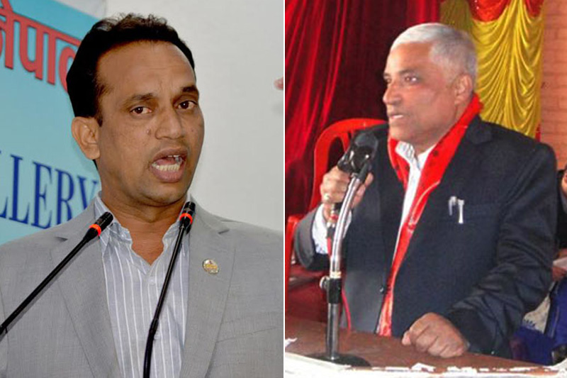 File: Minister for Law, Justice and Parliamentary Affairs Ajaya Shankar Nayak (left) and Nepal Bar Association President Sher Bahadur KC. Photos: THT