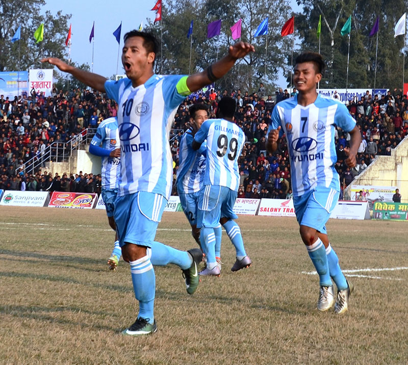 MMC skipper Anil Gurung celebrates after scoring a goal against Delhi United at the Dhangadhi Stadium on Thursday, January 12, 2017. Photo: THT