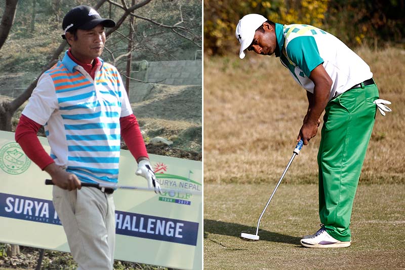 Bhuwan Nagarkoti (left) of Gokarna Golf Club and Dhana Thapa of Tribhuvan Army Officers Golf Club in action during the first round of the Surya Nepal Challenge at the Royal Nepal Golf Club in Kathmandu on Tuesday, January 10, 2016. Photos: Skanda Gautam/THT