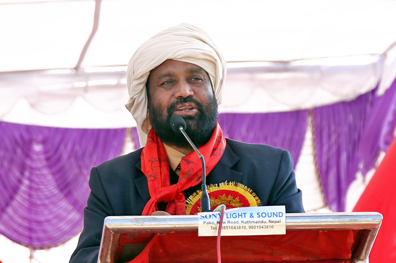 Deputy Prime Minister and Home Minister Bimalendra Nidhi addresses a function organised on the occasion of Maghi festival at Tundikhel in Kathmandu, on Saturday, January 14, 2017. Photo: RSS