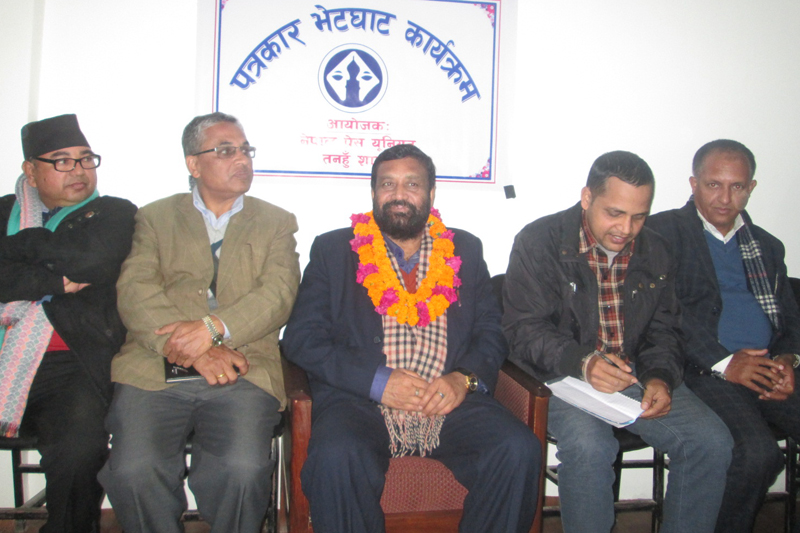 Deputy Prime Minister and Minister for Home Affairs Bimalendra Nidhi speaks with journalists at a press meet in Damauli of Tanahun, on Saturday, January 28, 2017. Photo: Madan Wagle