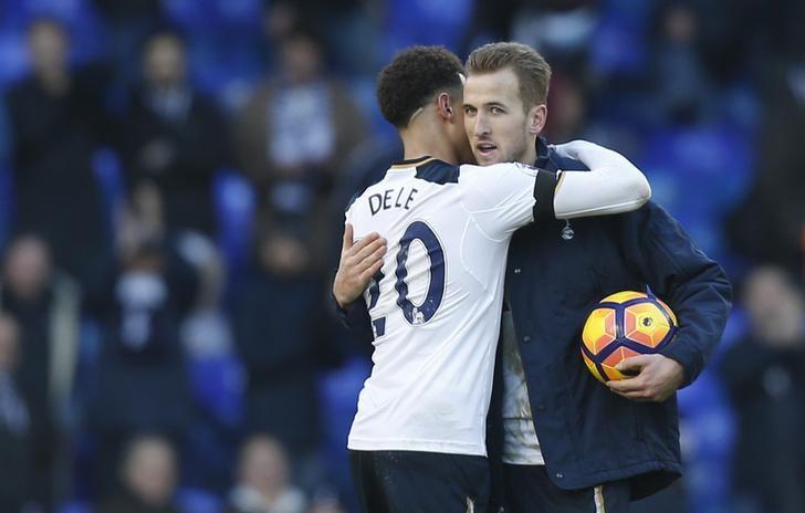 Tottenham's Harry Kane celebrates with Dele Alli and the match ball at the end of the match after scoring a hat trick Action Images via Reuters / Paul Childs Livepic