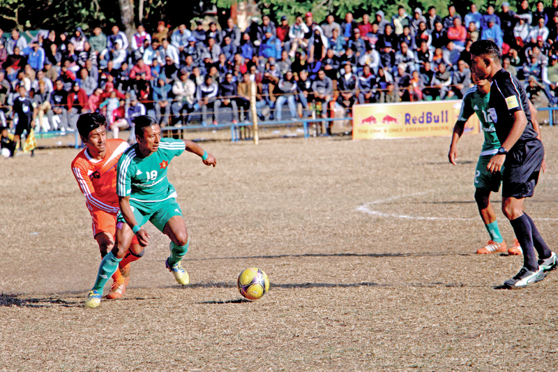 TACu0092s Nawayug Shrestha (right) vies for the ball with a Prime Polyclinic Bijay Youth Club player during their semi-final match of the second Tuborg Hetauda Gold Cup International Invitational Football Tournament on Friday, January 6, 2016. Photo: Prakash Dahal