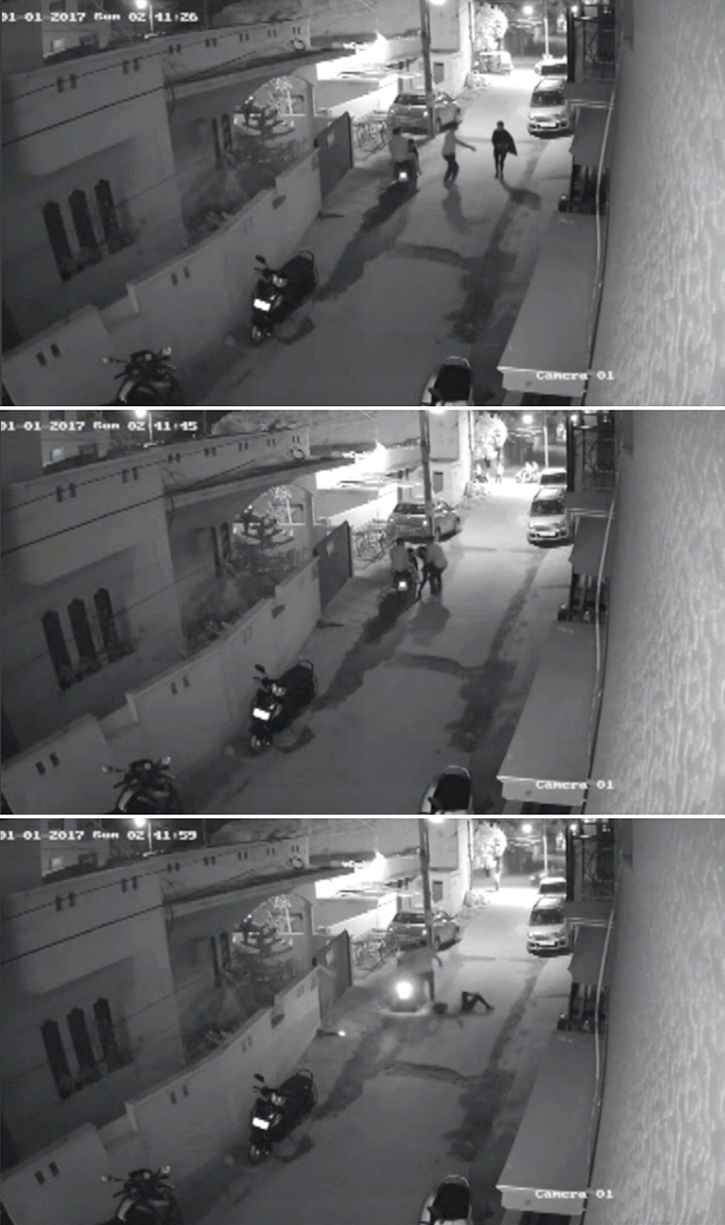 Combination of still images taken from January 1, 2017 CCTV footage shows two men on a scooter assaulting a woman (from top to bottom), attempting to take off her clothes and pushing her to the ground before leaving, in Bengaluru, India. Image: Local Resident CCTV footage/via Reuters TV