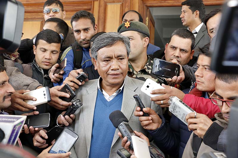 Minister for Information and Communications and government spokesperson Surendra Karki briefs media about the decision made by the Cabinet meeting, in Kathmandu, on Wednesday, January 11, 2017. Photo: RSS