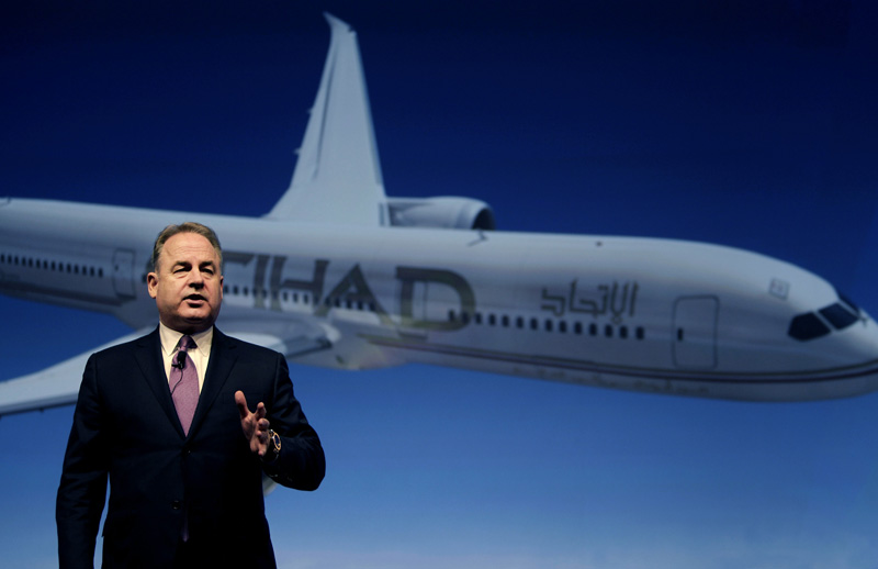 FILE- In this May 4, 2014 file photo, Etihad Chief Executive James Hogan, speaks during a press conference in Abu Dhabi, United Arab Emirates. Photo: AP