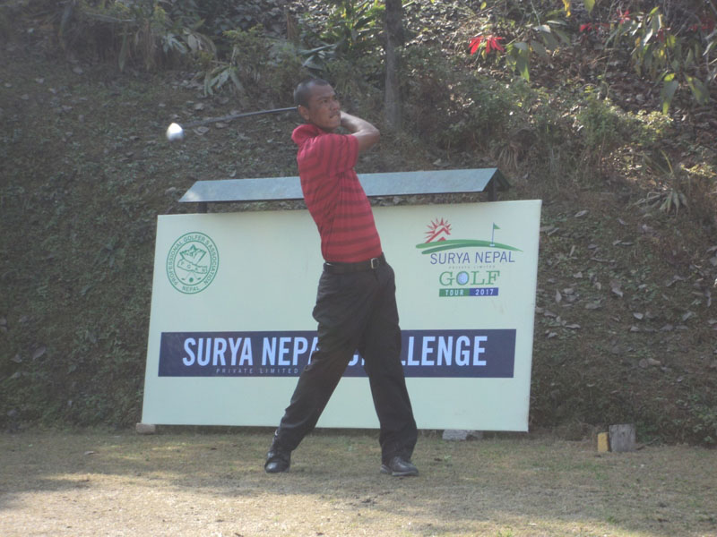 Jayaram Shrestha plays a shot from the 10th tee box during the second round of the Surya Nepal Challenge at the Royal Nepal Golf Club in Kathmandu on Wednesday., January 11, 2016. Photo courtesy: Nepal PGA