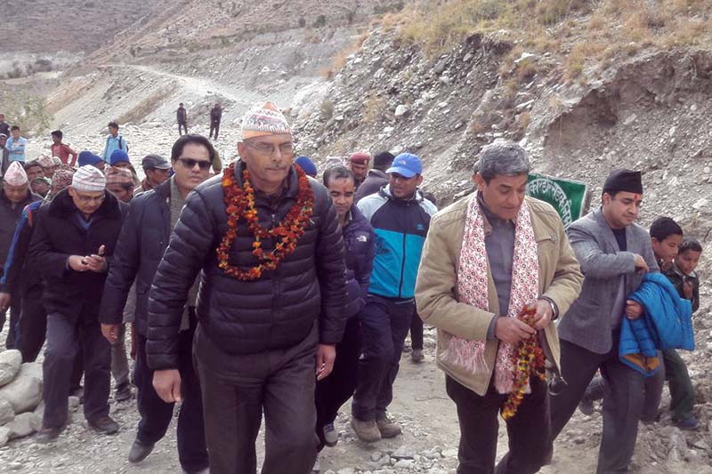 Minister for Poverty Alleviation and Cooperation Hridaya Ram Thani and Minister for Physical Infrastructure and Transportation Ramesh Lekhak reach Bajura to monitor the Karnali Corridor being constructed by the Nepal Army, on Tuesday, January 17, 2017. Photo: Prakash Singh/THT