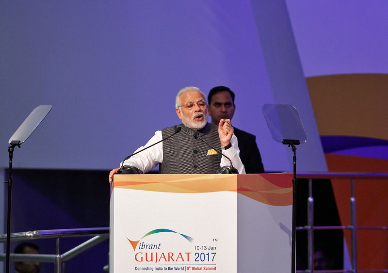 India's Prime Minister Narendra Modi addresses the delegation at the Vibrant Gujarat investor summit in Gandhinagar, India, on January 10, 2017. Photo: Reuters