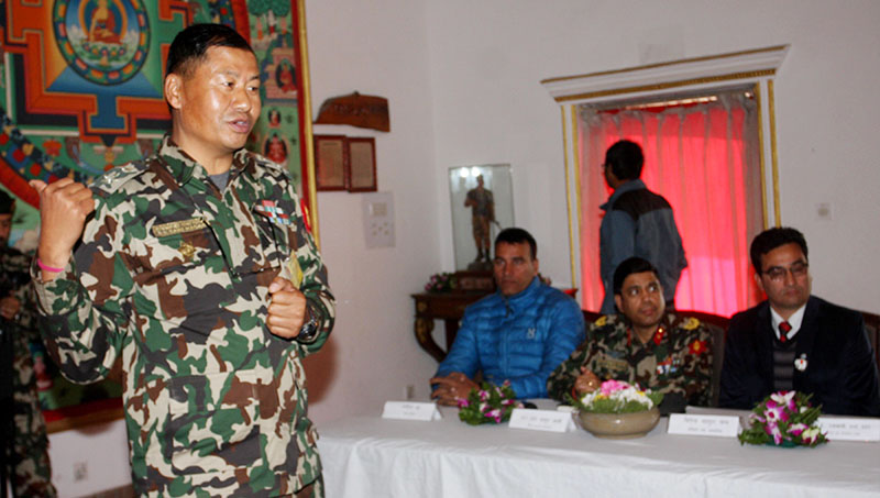 Nepal Army Sports Department Chief Lt Col Ramkaji Rana Magar gestures during a press meet on Thursday, January 19, 2017. Photo: THT