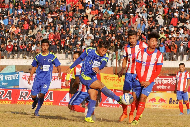 Nepal Police Club's Jumanu Rai shoots the ball against CMG Club Sankata during their 15th Aaha Rara Gold Cup match at the Pokhara Stadium on Friday, January 20, 2017. Sankata won the match 2-1. Photo: THT