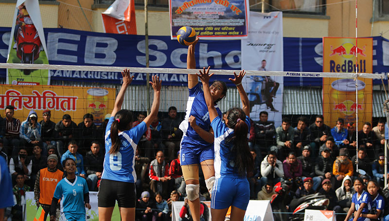 Players of New Diamond Academy and Chandeshwori Youth Club (front) in action during their 12th Blue Sky TVS Dhorpatan Womenu2019s Double League Volleyball Tournament match in Kathmandu on Wednesday, January 11, 2016. Photo: THT