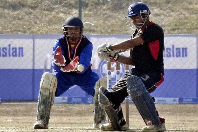 Bikram Bhusal of New Horizon Cricket Club plays a shot against Nepali Rhinos during their second Ruslan Cup Twenty20 Cricket Tournament match at the TU Stadium in Kathmandu on Sunday, January 14, 2017. Photo: Naresh Shrestha/THT