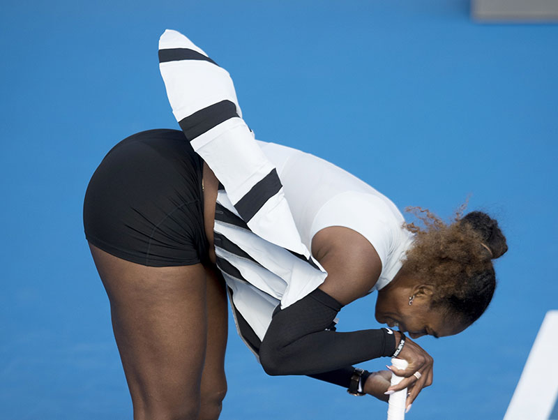     United States' Serena Williams rests on her racket in frustration during her second round loss to compatriot Madison Brengle at the ASB Classic tennis tournament in Auckland, New Zealand, on Wednesday, January 4, 2017. Tournament top seed Williams went down 6-4, 6-7 (3), 6-4 to the 72nd-ranked Brengle. Photo: Dean Purcell/New Zealand Herald via AP