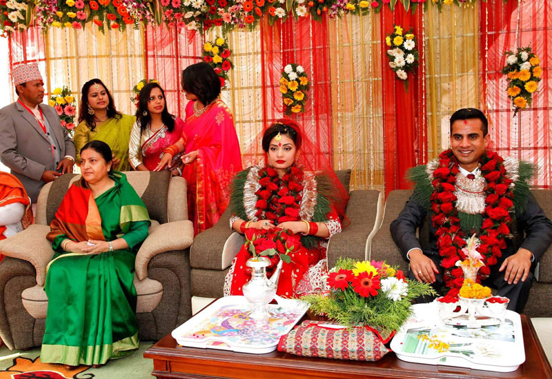 President Bidya Devi Bhandari (left) witnesses the wedding of her daughter Nisha Kusum Bhandari with Abhishek Yadav, at the Sheetal Niwas, on Monday, January 16, 2017. Photo: RSS    
