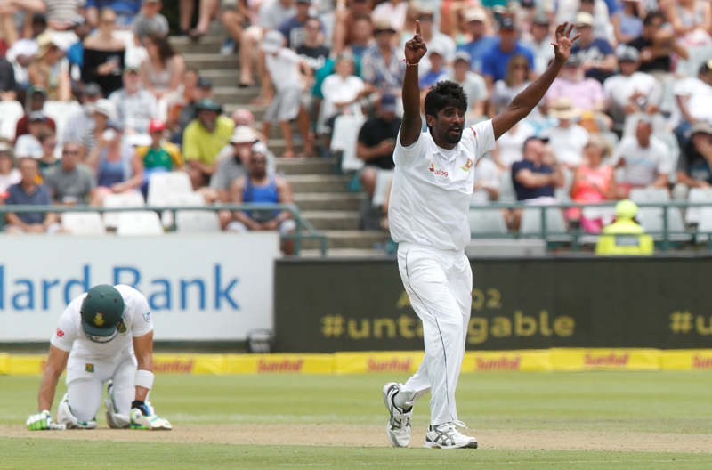 Sri Lanka's Nuwan Pradeep appeals unsuccessfully for the wicket of South Africa's Faf du Plessis. Photo: Reuters