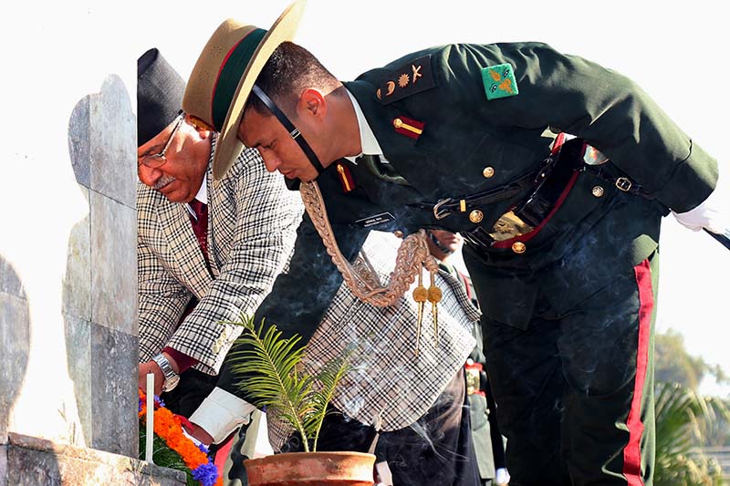 Prime Minister Pushpa Kamal Dahal lays a wreath on the Martyrs' Monument on the occasion of the Martyrs' Day at the Martyrs' Memorial Park in Lainchaur, on Sunday, January 29, 2017. Photo Courtesy: PMu2019s Secretariat