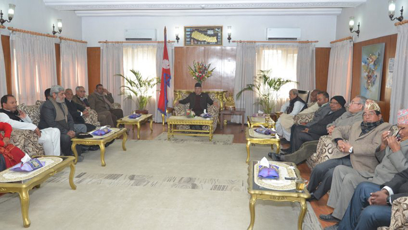 Prime Minister Pushpa Kamal Dahal in a meeting with the leaders of Nepali Congress and United Democratic Madhesi Front (UDMF) at his residence in Baluwatar, on Friday, January 13, 2017. Photo: PM's Secretariat