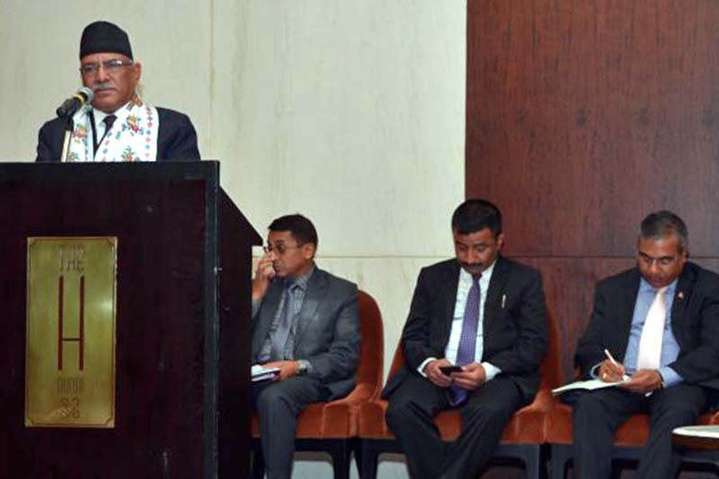 Prime Minister Pushpa Kamal Dahal addressing an interaction with Nepalis living in Dubai, United Arab Emirates, on Sunday, January 15, 2017. Photo: Courtesy: PM's Secretariat