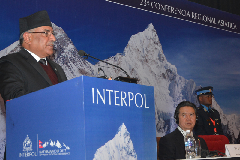 Prime Minister Pushpa Kamal Dahal addresses the 23rd Asian regional Conference of International Criminal Police Organisation (INTERPOL) in Kathmandu, on Wednesday, January 18, 2017. Photo: PM's Secretariat